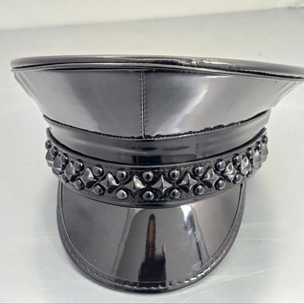 HT385P SHINY PATENT BLACK DIAMOND AND ROUND STUDDED CAPTAIN HAT