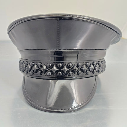 HT385P SHINY PATENT BLACK DIAMOND AND ROUND STUDDED CAPTAIN HAT