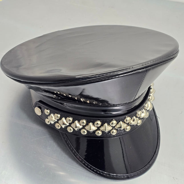 HT385P SHINY PATENT BLACK DIAMOND AND ROUND STUDDED CAPTAIN HAT