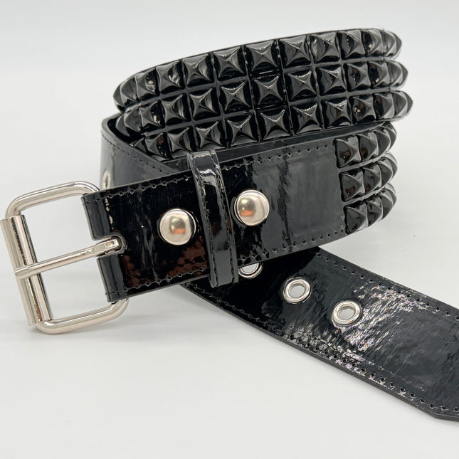 BT104P-BLK-BS  BLACK PATENT 3 ROW 1/2" BLACK PYRAMID STUD BELT