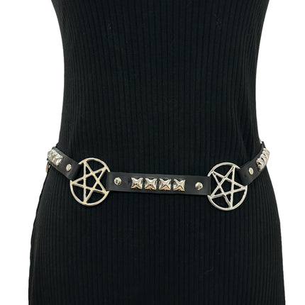 BT670 GENUINE LEATHER PYRAMID  STUD PENTAGRAM LINK BELT 3/4" SKINNY