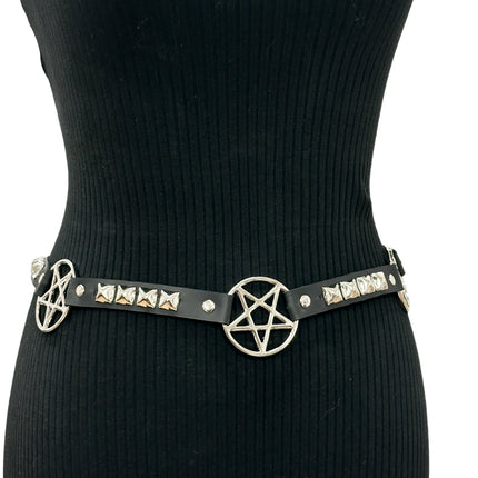 BT670 GENUINE LEATHER PYRAMID  STUD PENTAGRAM LINK BELT 3/4" SKINNY