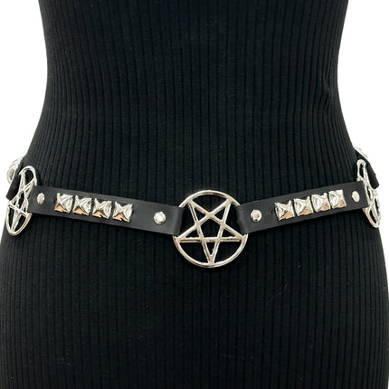 BT670 GENUINE LEATHER PYRAMID  STUD PENTAGRAM LINK BELT 3/4" SKINNY