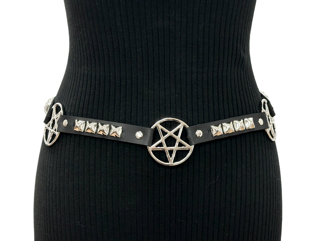 BT670 GENUINE LEATHER PYRAMID  STUD PENTAGRAM LINK BELT 3/4" SKINNY
