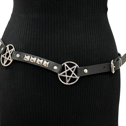 BT670 GENUINE LEATHER PYRAMID  STUD PENTAGRAM LINK BELT 3/4" SKINNY