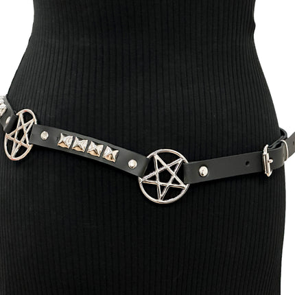 BT670 GENUINE LEATHER PYRAMID  STUD PENTAGRAM LINK BELT 3/4" SKINNY