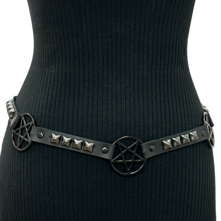 BT670-BS BLACK PENTAGRAM LINK BELT  LEATHER PYRAMID  STUD 3/4" SKINNY