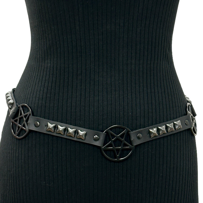BT670-BS BLACK PENTAGRAM LINK BELT  LEATHER PYRAMID  STUD 3/4" SKINNY
