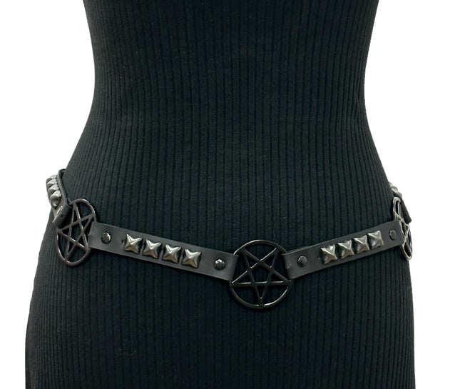 BT670-BS BLACK PENTAGRAM LINK BELT  LEATHER PYRAMID  STUD 3/4" SKINNY