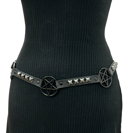BT670-BS BLACK PENTAGRAM LINK BELT  LEATHER PYRAMID  STUD 3/4" SKINNY