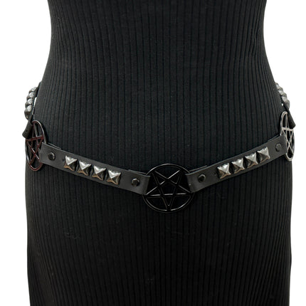 BT670-BS BLACK PENTAGRAM LINK BELT  LEATHER PYRAMID  STUD 3/4" SKINNY