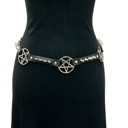 BT670 GENUINE LEATHER PYRAMID  STUD PENTAGRAM LINK BELT 3/4" SKINNY