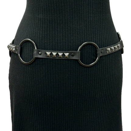 BT677-BS  GENUINE LEATHER STUDDED 2" LARGE  BLACK RING LINK BELT