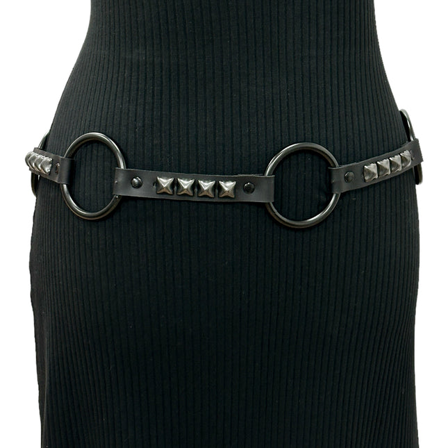 BT677-BS  GENUINE LEATHER STUDDED 2" LARGE  BLACK RING LINK BELT