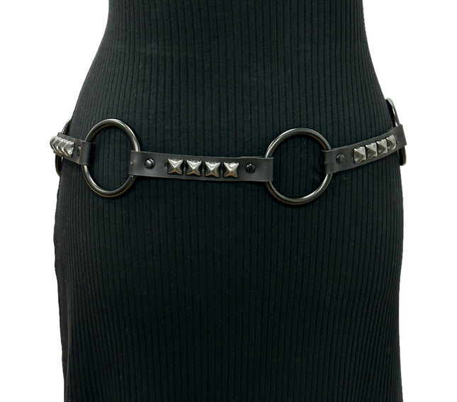 BT677-BS  GENUINE LEATHER STUDDED 2" LARGE  BLACK RING LINK BELT