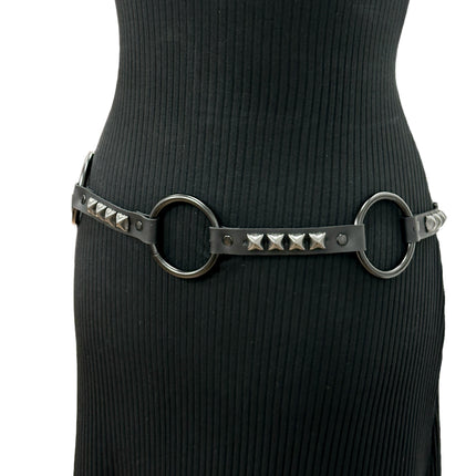 BT677-BS  GENUINE LEATHER STUDDED 2" LARGE  BLACK RING LINK BELT