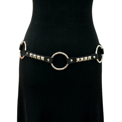 BT677  GENUINE LEATHER STUDDED 2" LARGE  SILVER RING LINK BELT
