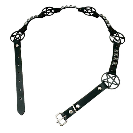 BT670-BS BLACK PENTAGRAM LINK BELT  LEATHER PYRAMID  STUD 3/4" SKINNY