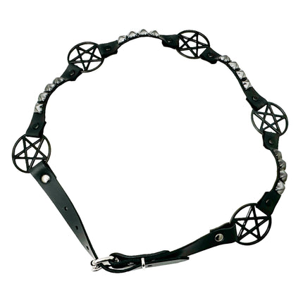 BT670-BS BLACK PENTAGRAM LINK BELT  LEATHER PYRAMID  STUD 3/4" SKINNY