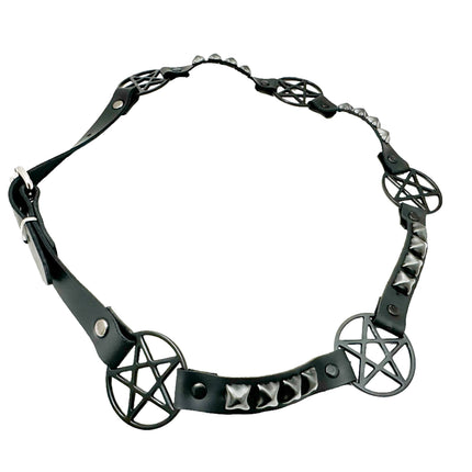 BT670-BS BLACK PENTAGRAM LINK BELT  LEATHER PYRAMID  STUD 3/4" SKINNY