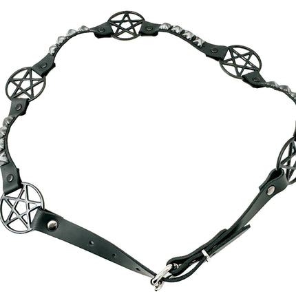 BT670-BS BLACK PENTAGRAM LINK BELT  LEATHER PYRAMID  STUD 3/4" SKINNY