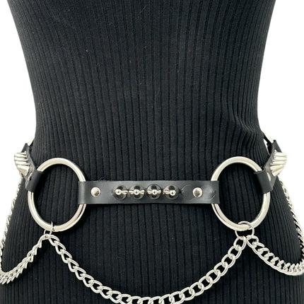 BT678  GENUINE LEATHER UK77 STUDDED 2" LARGE  SILVER RING LINK BELT