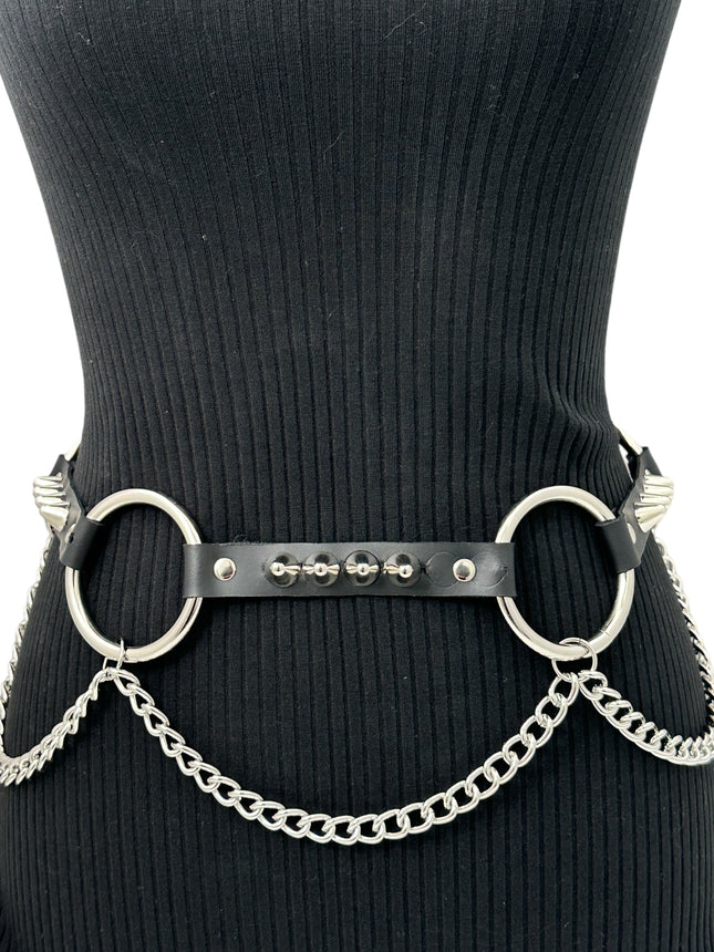 BT678  GENUINE LEATHER UK77 STUDDED 2" LARGE  SILVER RING LINK BELT