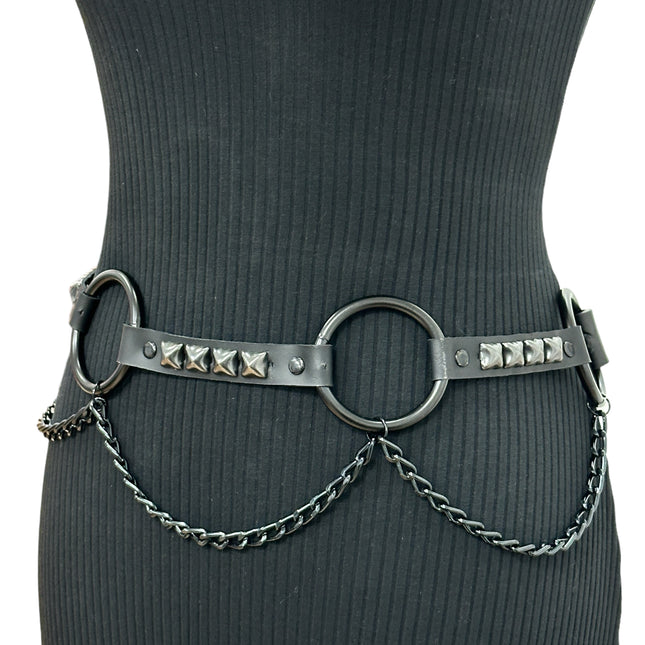 BT677-BS  GENUINE LEATHER STUDDED 2" LARGE  BLACK RING LINK BELT