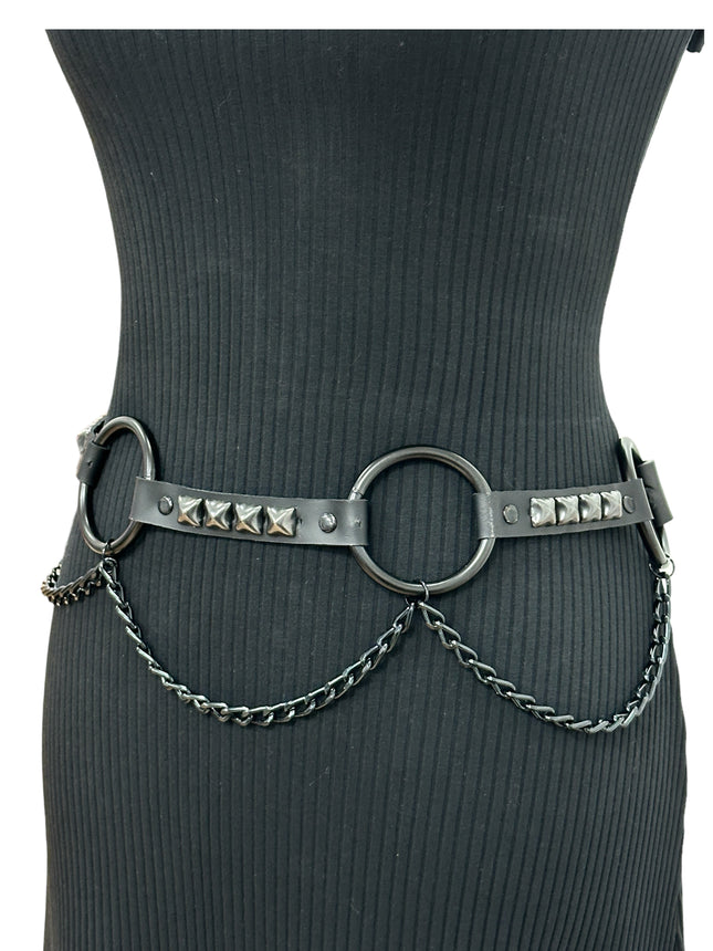 BT677-BS  GENUINE LEATHER STUDDED 2" LARGE  BLACK RING LINK BELT