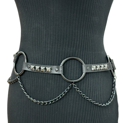 BT677-BS  GENUINE LEATHER STUDDED 2" LARGE  BLACK RING LINK BELT