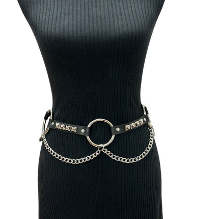 BT677  GENUINE LEATHER STUDDED 2" LARGE  SILVER RING LINK BELT