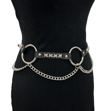 BT677  GENUINE LEATHER STUDDED 2" LARGE  SILVER RING LINK BELT