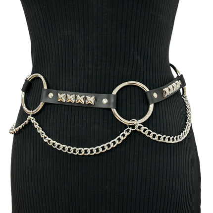 BT677  GENUINE LEATHER STUDDED 2" LARGE  SILVER RING LINK BELT