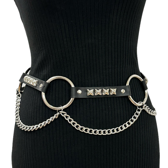 BT677  GENUINE LEATHER STUDDED 2" LARGE  SILVER RING LINK BELT