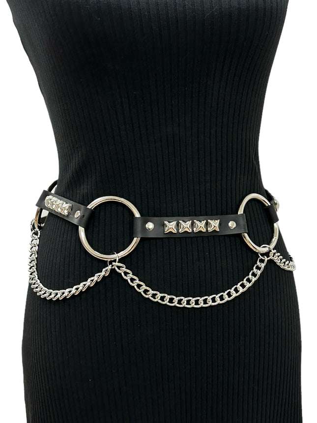BT677  GENUINE LEATHER STUDDED 2" LARGE  SILVER RING LINK BELT