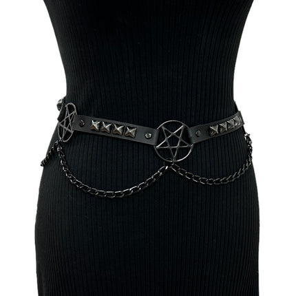 BT670-BS BLACK PENTAGRAM LINK BELT  LEATHER PYRAMID  STUD 3/4" SKINNY