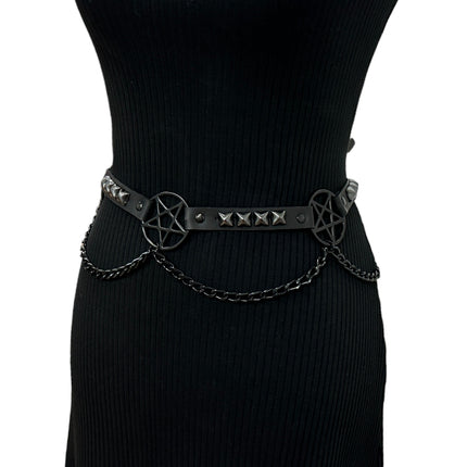 BT670-BS BLACK PENTAGRAM LINK BELT  LEATHER PYRAMID  STUD 3/4" SKINNY