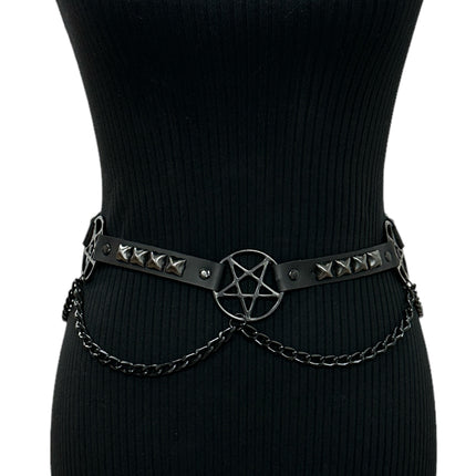 BT670-BS BLACK PENTAGRAM LINK BELT  LEATHER PYRAMID  STUD 3/4" SKINNY