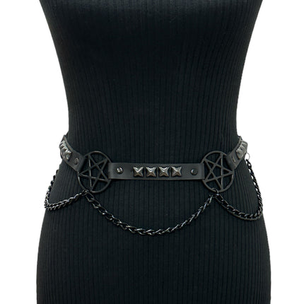 BT670-BS BLACK PENTAGRAM LINK BELT  LEATHER PYRAMID  STUD 3/4" SKINNY