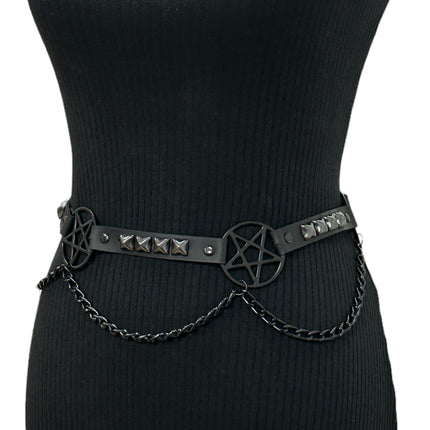 BT670-BS BLACK PENTAGRAM LINK BELT  LEATHER PYRAMID  STUD 3/4" SKINNY