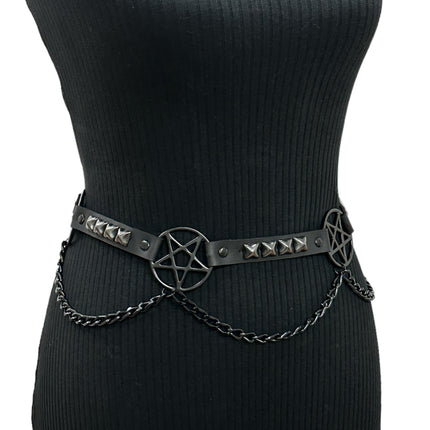 BT670-BS BLACK PENTAGRAM LINK BELT  LEATHER PYRAMID  STUD 3/4" SKINNY