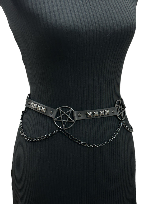 BT670-BS BLACK PENTAGRAM LINK BELT  LEATHER PYRAMID  STUD 3/4" SKINNY