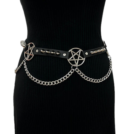 BT670 GENUINE LEATHER PYRAMID  STUD PENTAGRAM LINK BELT 3/4" SKINNY