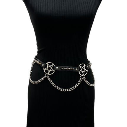 BT670 GENUINE LEATHER PYRAMID  STUD PENTAGRAM LINK BELT 3/4" SKINNY