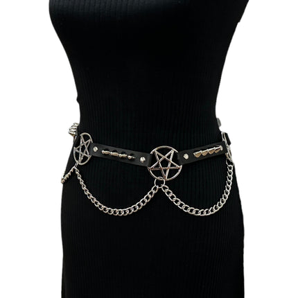 BT670 GENUINE LEATHER PYRAMID  STUD PENTAGRAM LINK BELT 3/4" SKINNY