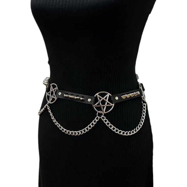 BT670 GENUINE LEATHER PYRAMID  STUD PENTAGRAM LINK BELT 3/4" SKINNY