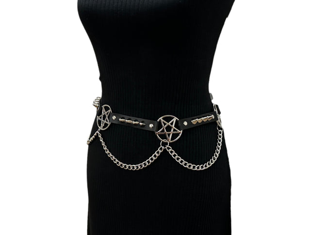 BT670 GENUINE LEATHER PYRAMID  STUD PENTAGRAM LINK BELT 3/4" SKINNY