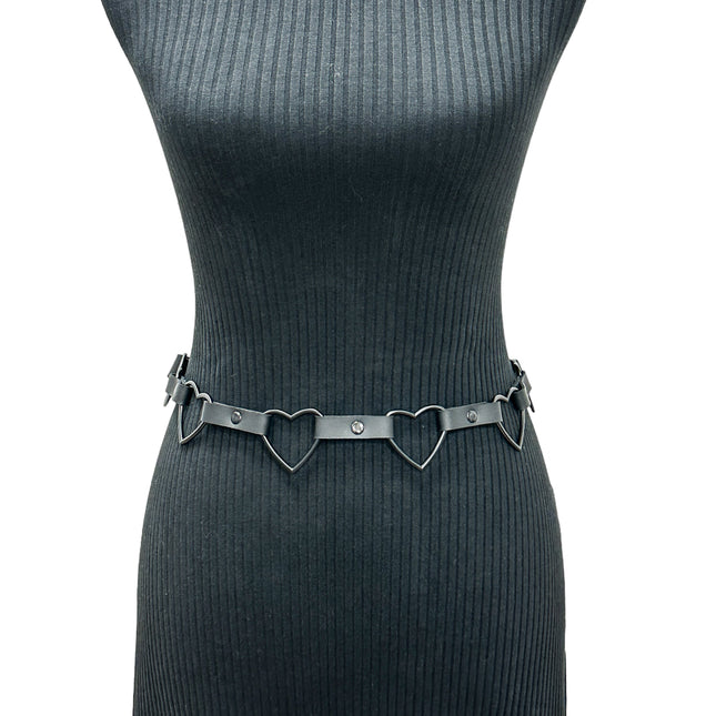BT682-BS  BLACK LARGE HEART SILVER RING GEUINE LEATHER  LINK BELT