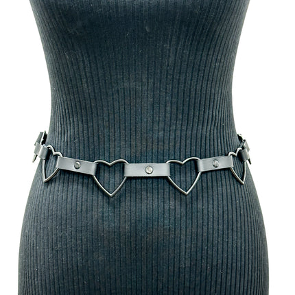 BT682-BS  BLACK LARGE HEART SILVER RING GEUINE LEATHER  LINK BELT