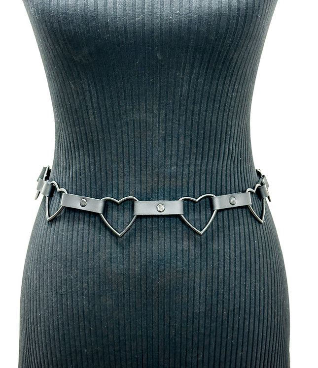 BT682-BS  BLACK LARGE HEART SILVER RING GEUINE LEATHER  LINK BELT
